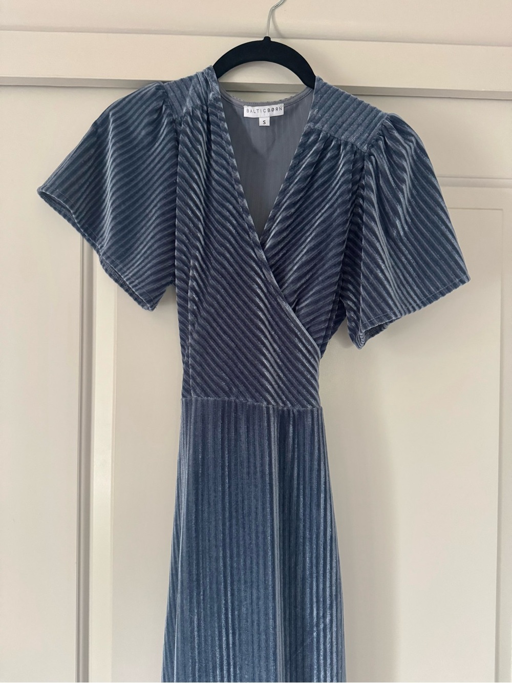 Baltic Born Slate Blue Ribbed Velvet Wrap Midi Dress